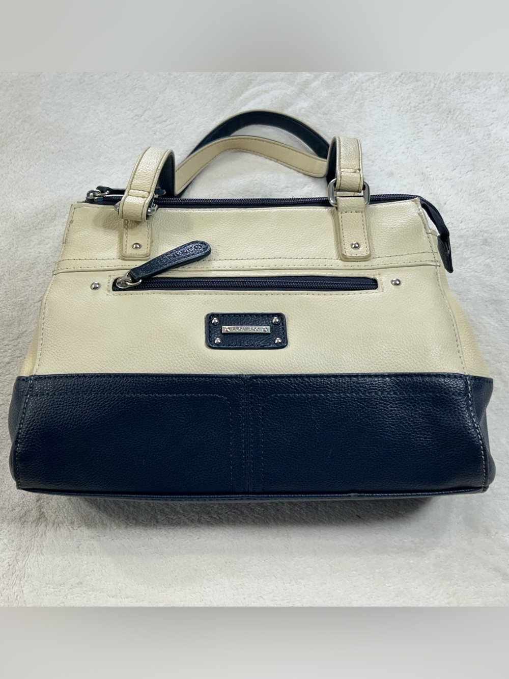 Stone & Co Real Leather Two-Tone Cream and Navy Women’s Purse Handbag Boston Bag